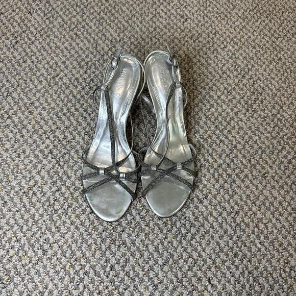 Stunning 90s vintage y2k silver metallic sparkly strappy slip-on kitten heels - Picture 1 of 5
